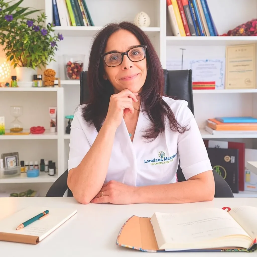 Ritratto professionale di Loredana Marzano nel suo studio a Bari, seduta alla scrivania con sguardo accogliente